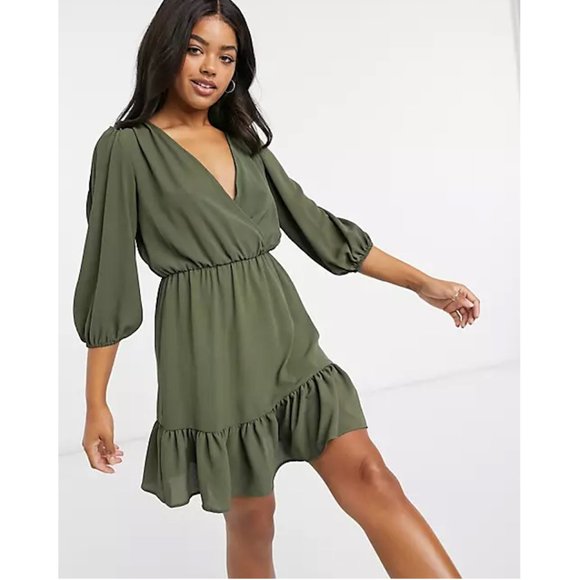 ASOS Dresses & Skirts - olive green wrap front ruffle hem mini tea dress with puff sleeves